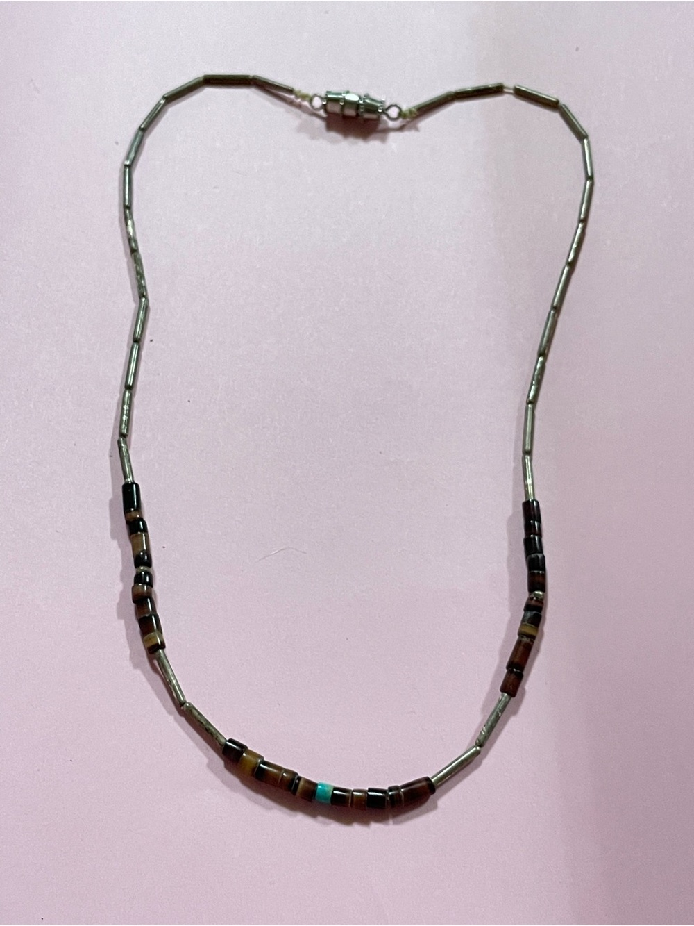 Vintage Native Liquid Silver Heishi Turquoise Bead Necklace #9497
